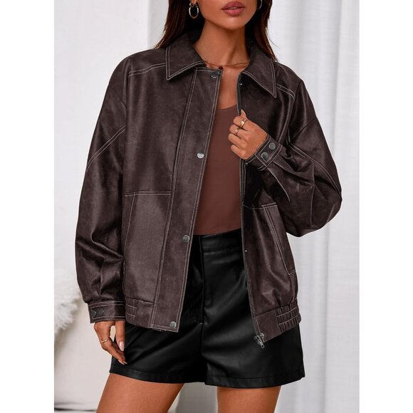 Women's Dark Brown Faux Leather Jacket with Button Details and Relaxed Fit - Picture 7 of 8